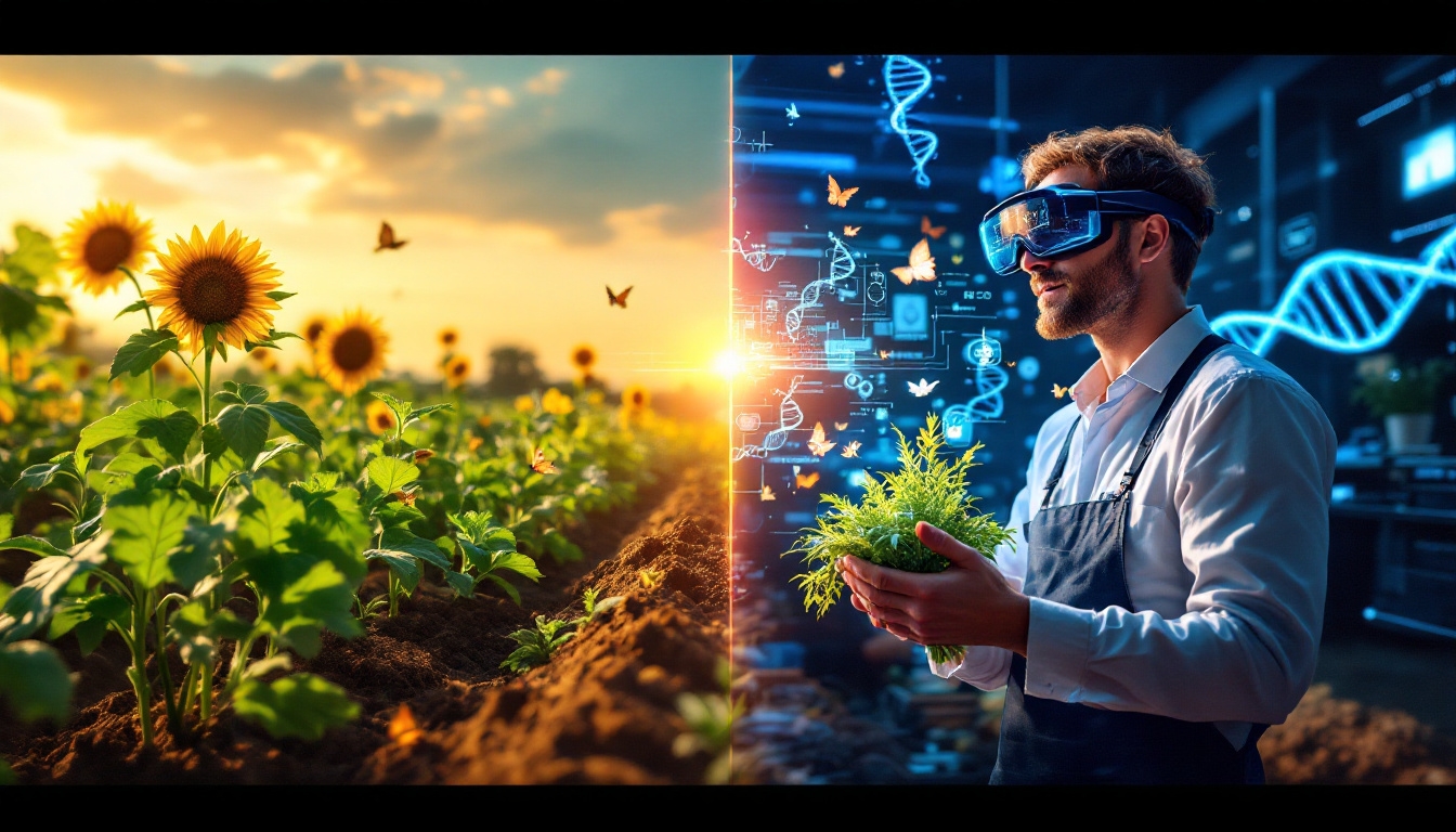 A person wearing VR goggles holds plants in a lab, blending with a vibrant sunflower field at sunset, symbolizing tech and nature.