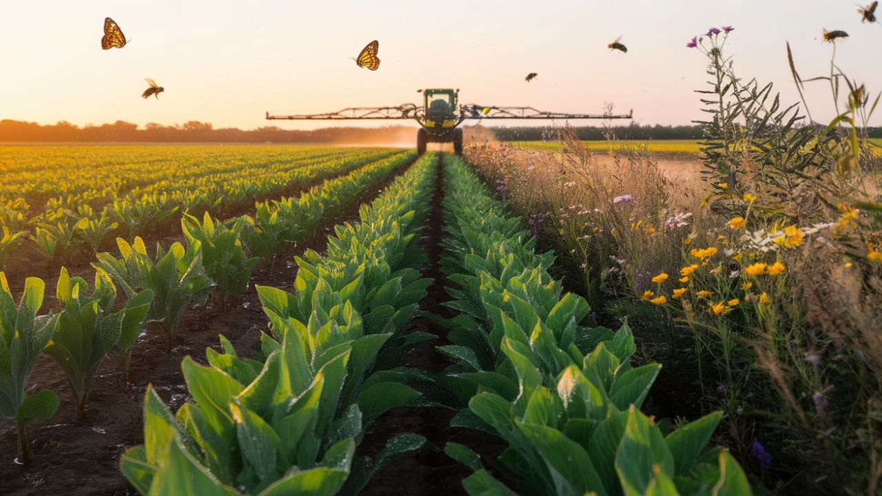 A tractor sprays a green field at sunset, with butterflies and bees flying around. Wildflowers grow along the edge.