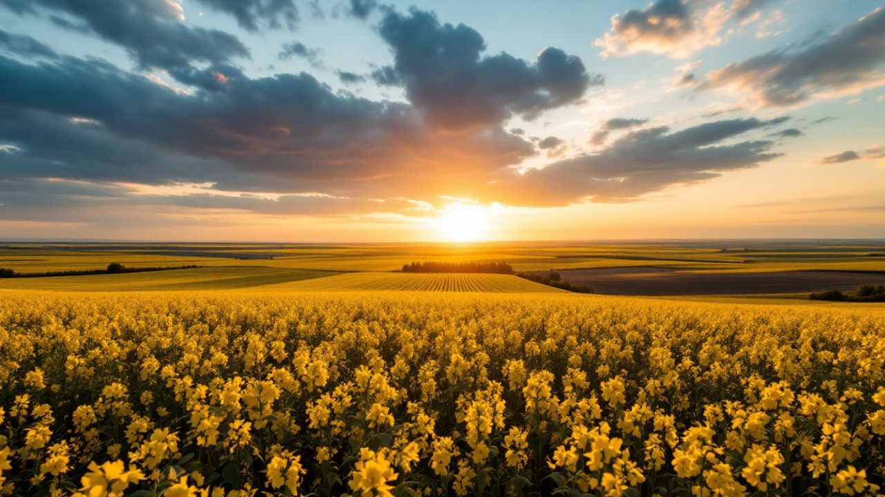 Golden field of blooming flowers under a dramatic sunset sky with clouds, stretching to the horizon.