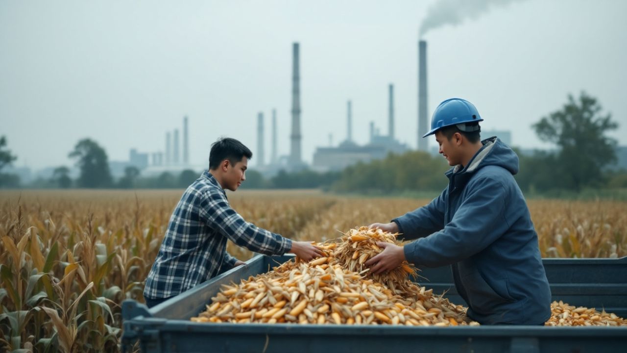 Two workers load corn cobs into a trailer in a field, with factory chimneys emitting smoke in the background.