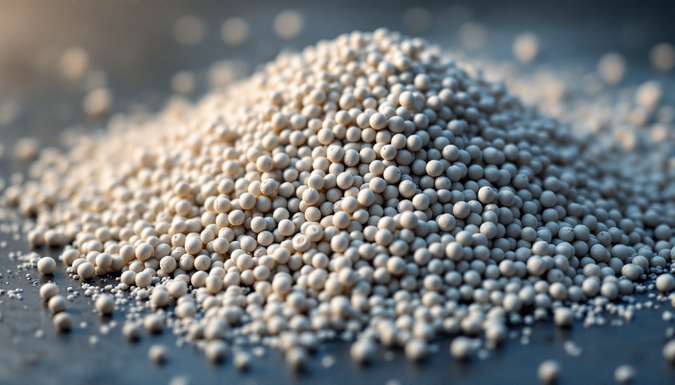 A close-up of a pile of small, round, beige beads on a smooth surface.